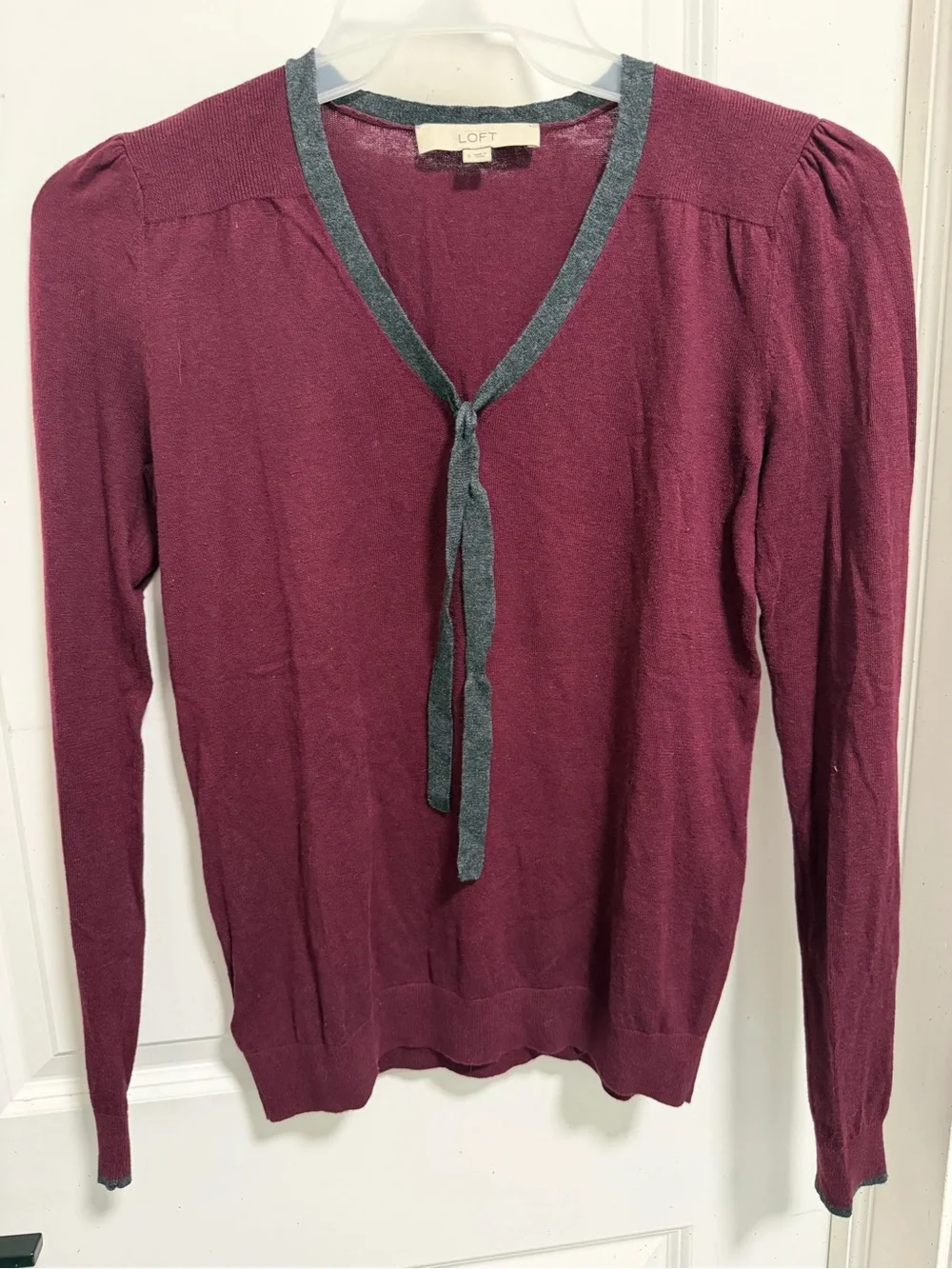 LOFT Deep Berry V-Neck Tie-Front Sweater with Gray Trim